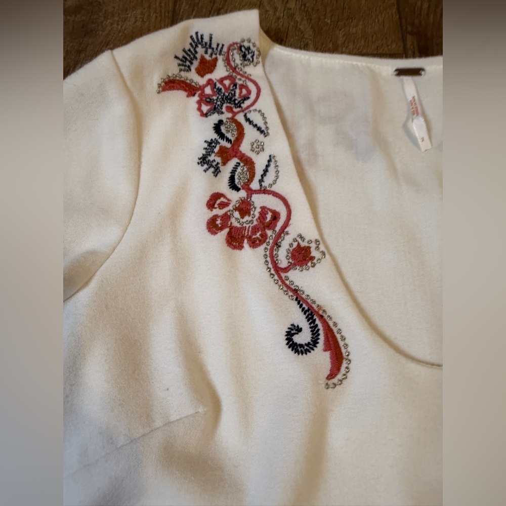 Free People Ivory Floral Embroidered Folk Mini Dress Bell Sleeves Sz - Picture 7 of 13
